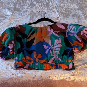 MINKPINK Bold Botanical Puff-Sleeve Crop Top - Green/Purple/Orange/Blue